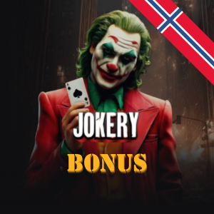 Jokeren, som holder et kort bak Jokery-logoen