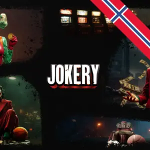 Animerte jokerfigurer og Jokery Casino-logoen i midten