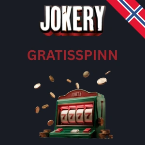 Jokery-logo med en grønn spilleautomat som viser 777 og mynter som flyr rundt, presentert som Jokery gratisspinn-kampanje.