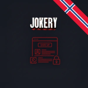 Jokery-logo over et rødt ikon som viser et registreringsskjema for å opprette konto hos Jokery.