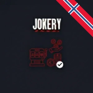 Jokery-logo over et rødt ikon som viser en spilleautomat og en hånd som mottar mynter, som illustrerer å motta gratisspinn-gevinster hos Jokery.