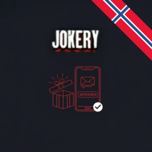 Jokery-logo over et rødt ikon som viser en gaveboks og en mobiltelefon med aktiveringsknapp, som representerer aktivering av Jokery-gratisspinn.