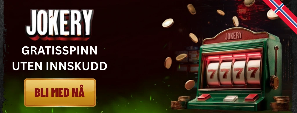 Jokery kasino reklamebilde som viser gratisspinn uten innskudd-tilbud med en spilleautomat og mynter.