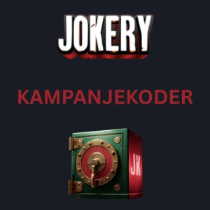 Jokery-logo med teksten kampanjekoder og et illustrert pengeskap merket JK.